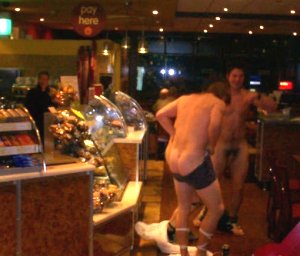Midnight at the service station, so let's get naked